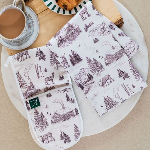 Festive Toile - Burgundy Tea Towel