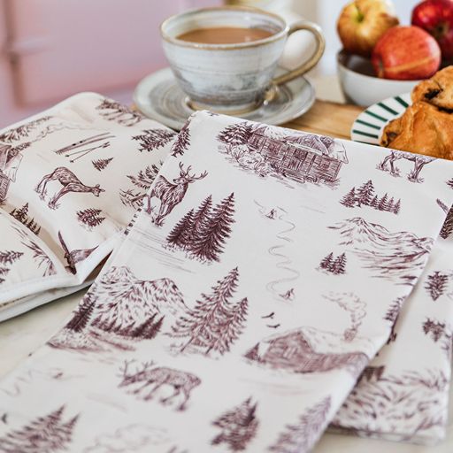 Festive Toile - Burgundy Tea Towel