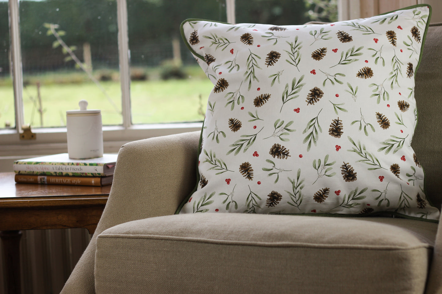 Mistletoe & Pine Cushion - Red Berries